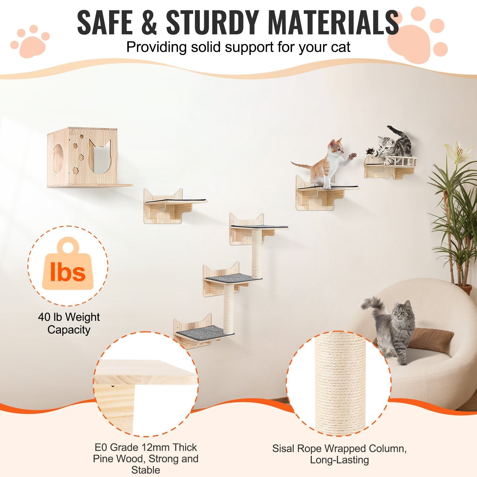 KFX-0293437 Wall Mounted Cat Furniture Set with Jumping Boards, Nest, and Tree for Climbing and Playing