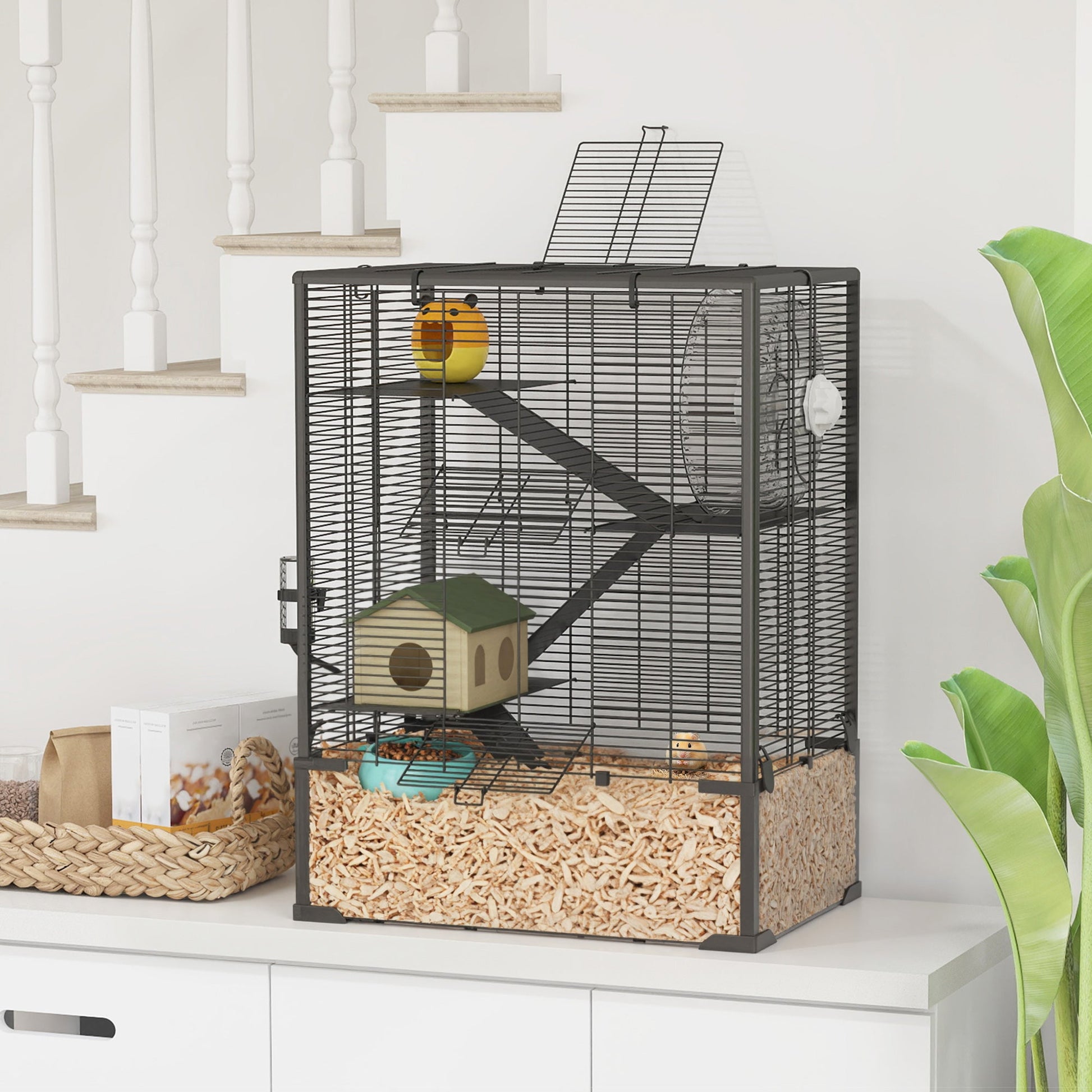 KFX-0293821 4-Tier Hamster Cage with Glass Bottom, Running Wheel, Hut, Food Dish, and Water Bottle - Ideal for Small Animals