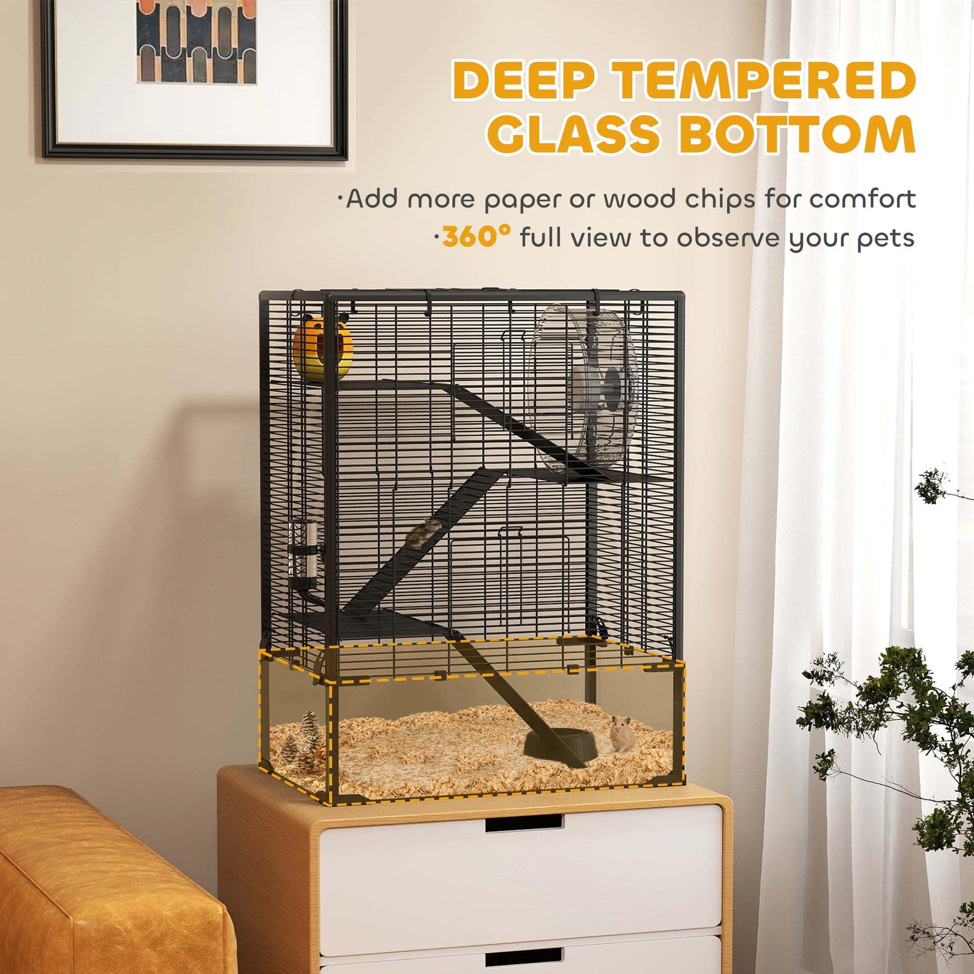 KFX-0293821 4-Tier Hamster Cage with Glass Bottom, Running Wheel, Hut, Food Dish, and Water Bottle - Ideal for Small Animals