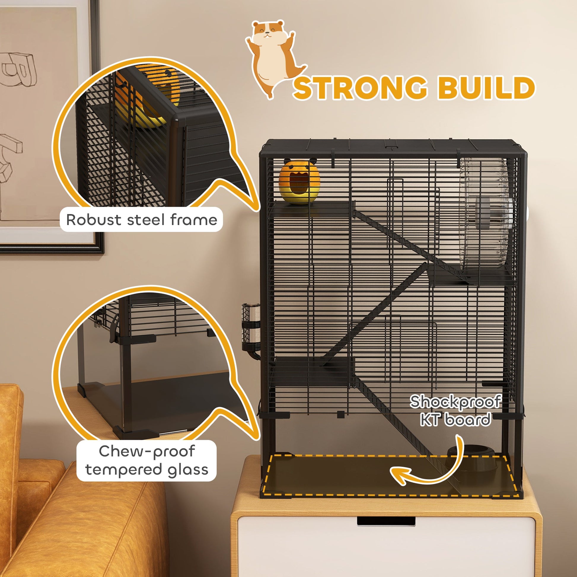 KFX-0293821 4-Tier Hamster Cage with Glass Bottom, Running Wheel, Hut, Food Dish, and Water Bottle - Ideal for Small Animals