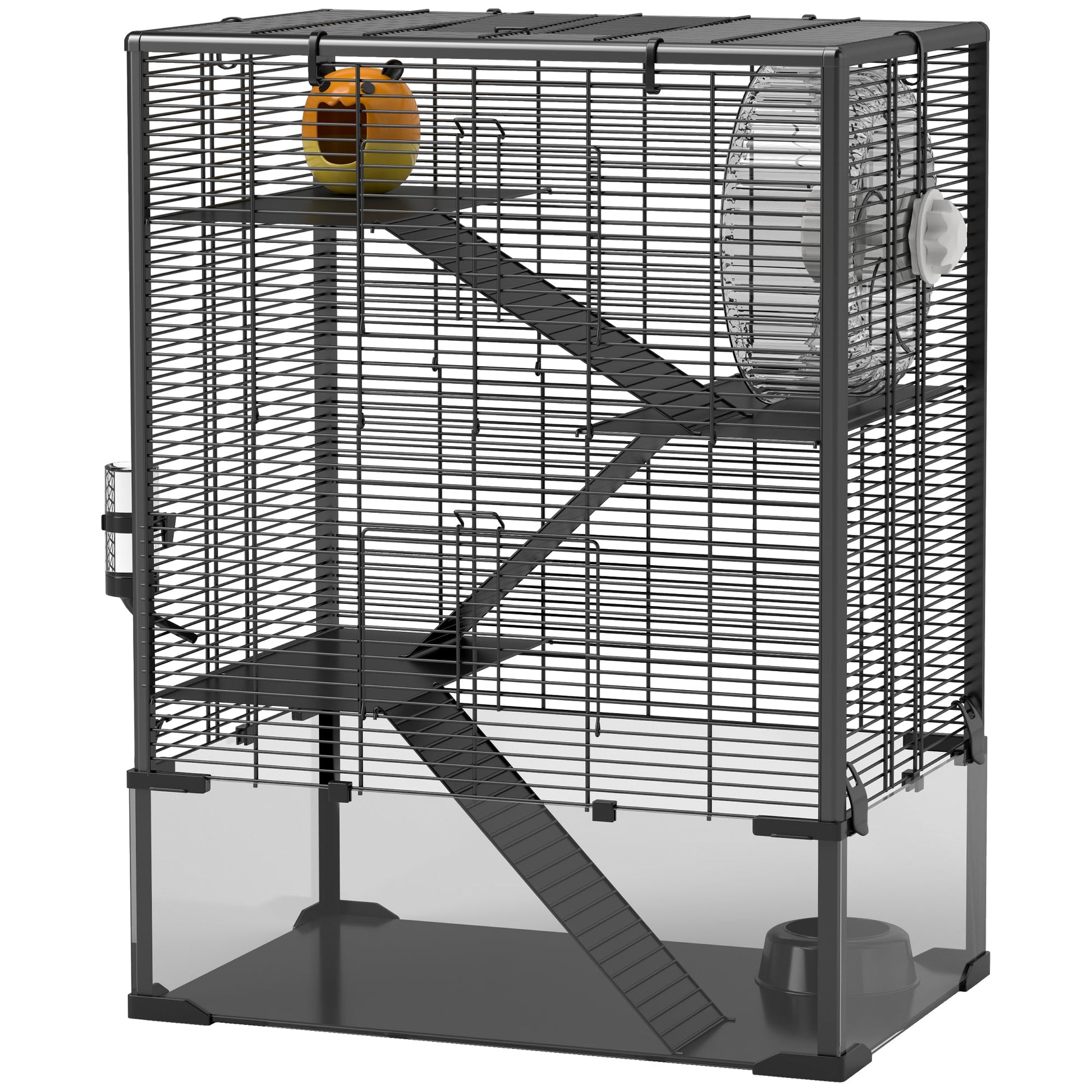 KFX-0293821 4-Tier Hamster Cage with Glass Bottom, Running Wheel, Hut, Food Dish, and Water Bottle - Ideal for Small Animals