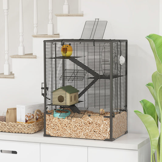 KFX-0293821 4-Tier Hamster Cage with Glass Bottom, Running Wheel, Hut, Food Dish, and Water Bottle - Ideal for Small Animals