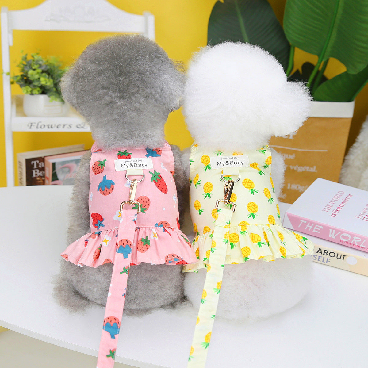 KFX-0300477 Fruit-Themed Dog Skirt with Leash – Cotton Princess Style in Strawberry, Pineapple, and Apple