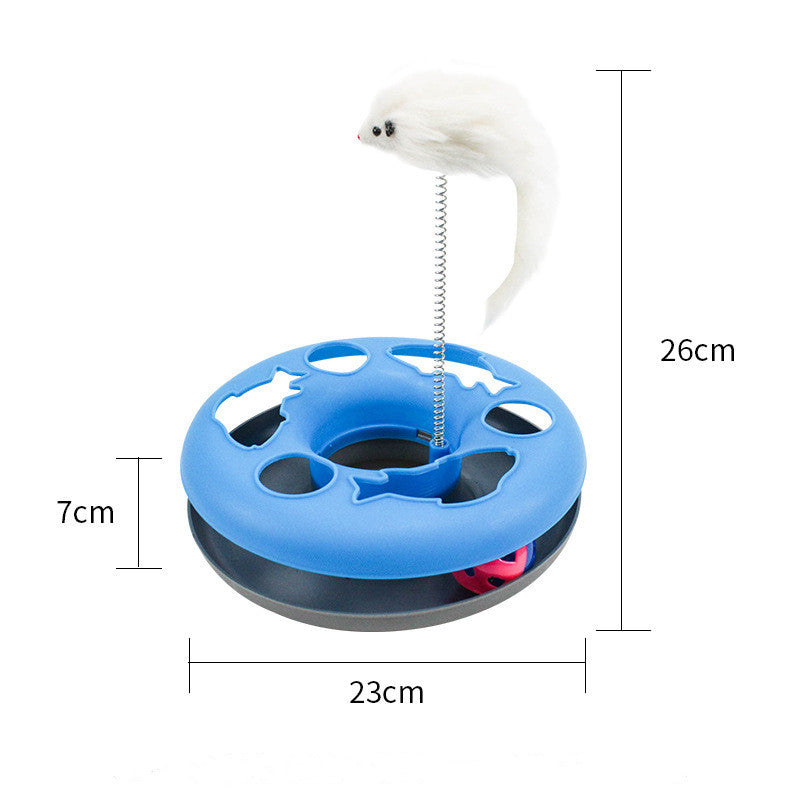 KFX-0300733 Colorful Round Cat Play Tray with Spring-Activated Mouse Toy, 23cm Diameter, Various Colors
