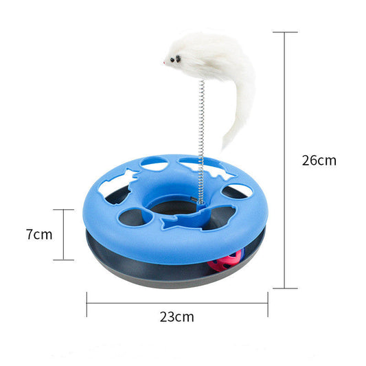KFX-0300733 Colorful Round Cat Play Tray with Spring-Activated Mouse Toy, 23cm Diameter, Various Colors