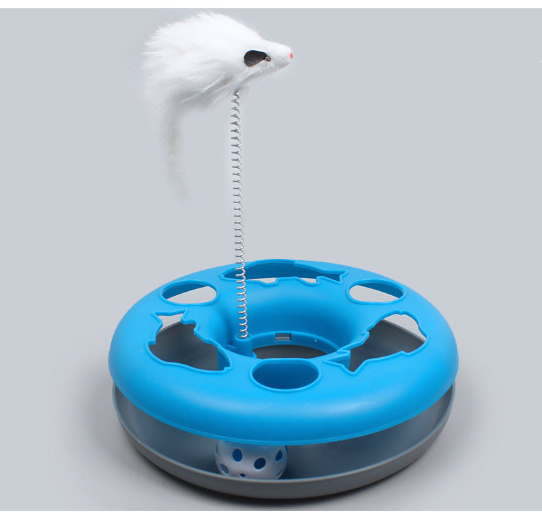 KFX-0300733 Colorful Round Cat Play Tray with Spring-Activated Mouse Toy, 23cm Diameter, Various Colors