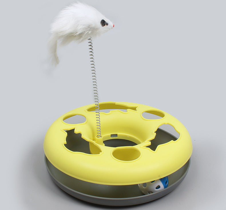 KFX-0300733 Colorful Round Cat Play Tray with Spring-Activated Mouse Toy, 23cm Diameter, Various Colors