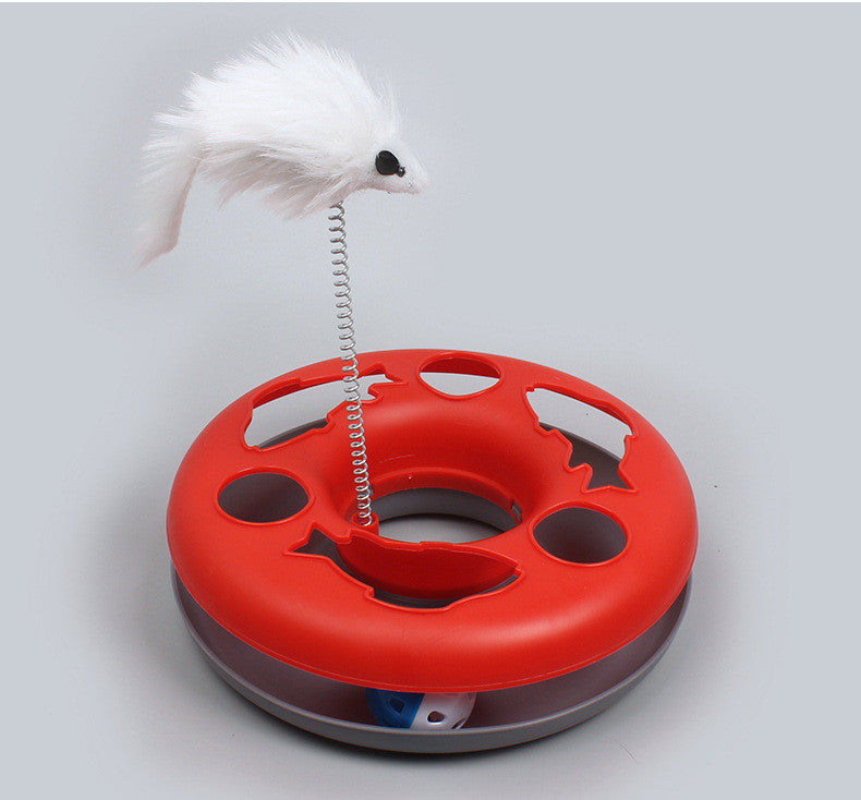 KFX-0300733 Colorful Round Cat Play Tray with Spring-Activated Mouse Toy, 23cm Diameter, Various Colors