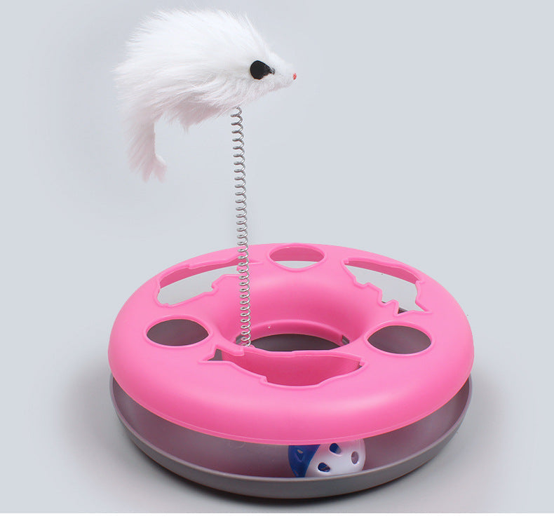 KFX-0300733 Colorful Round Cat Play Tray with Spring-Activated Mouse Toy, 23cm Diameter, Various Colors