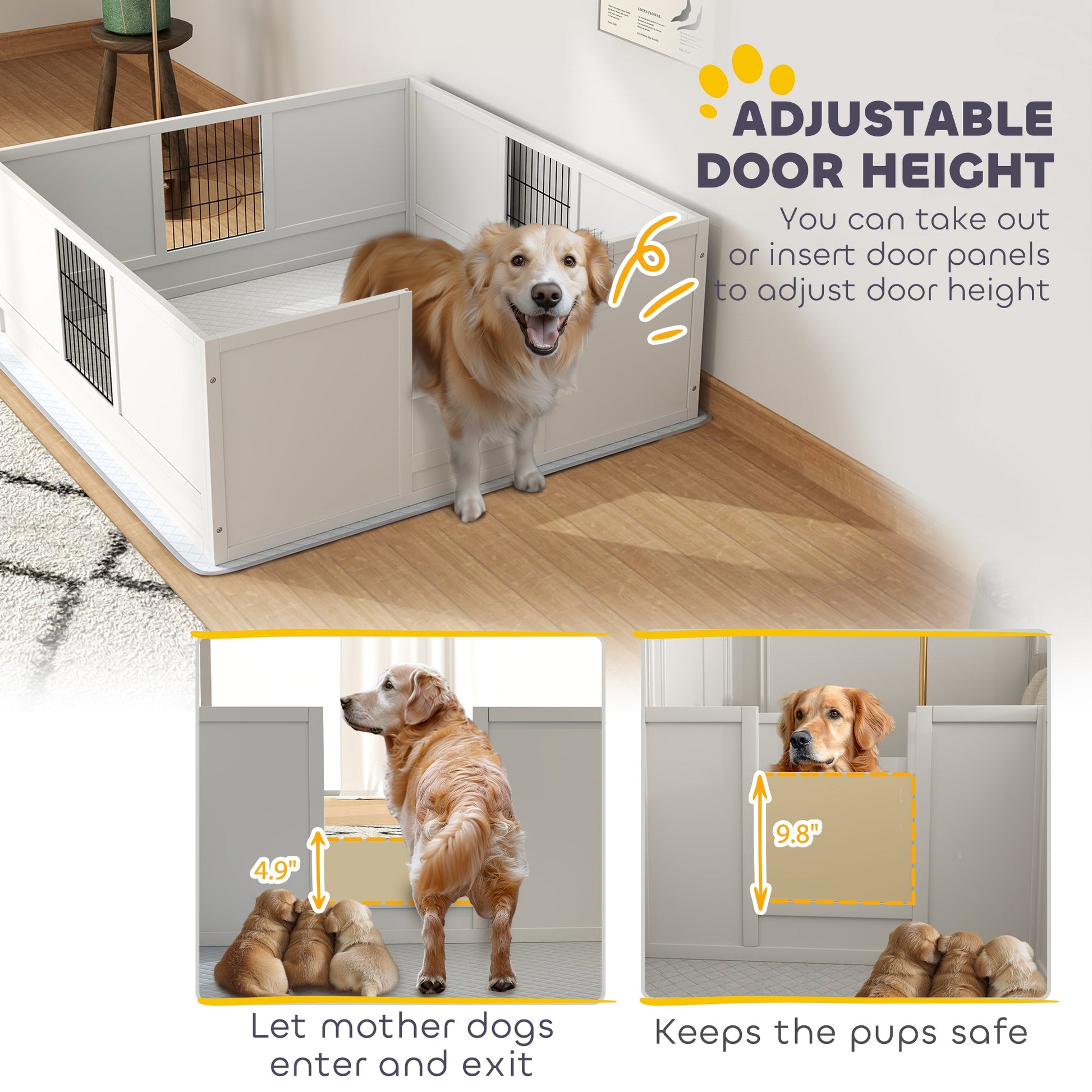 KFX-0301373 Large Dog Whelping Box with Washable Pee Pad and Adjustable Height Door, 49" x 47" x 19"