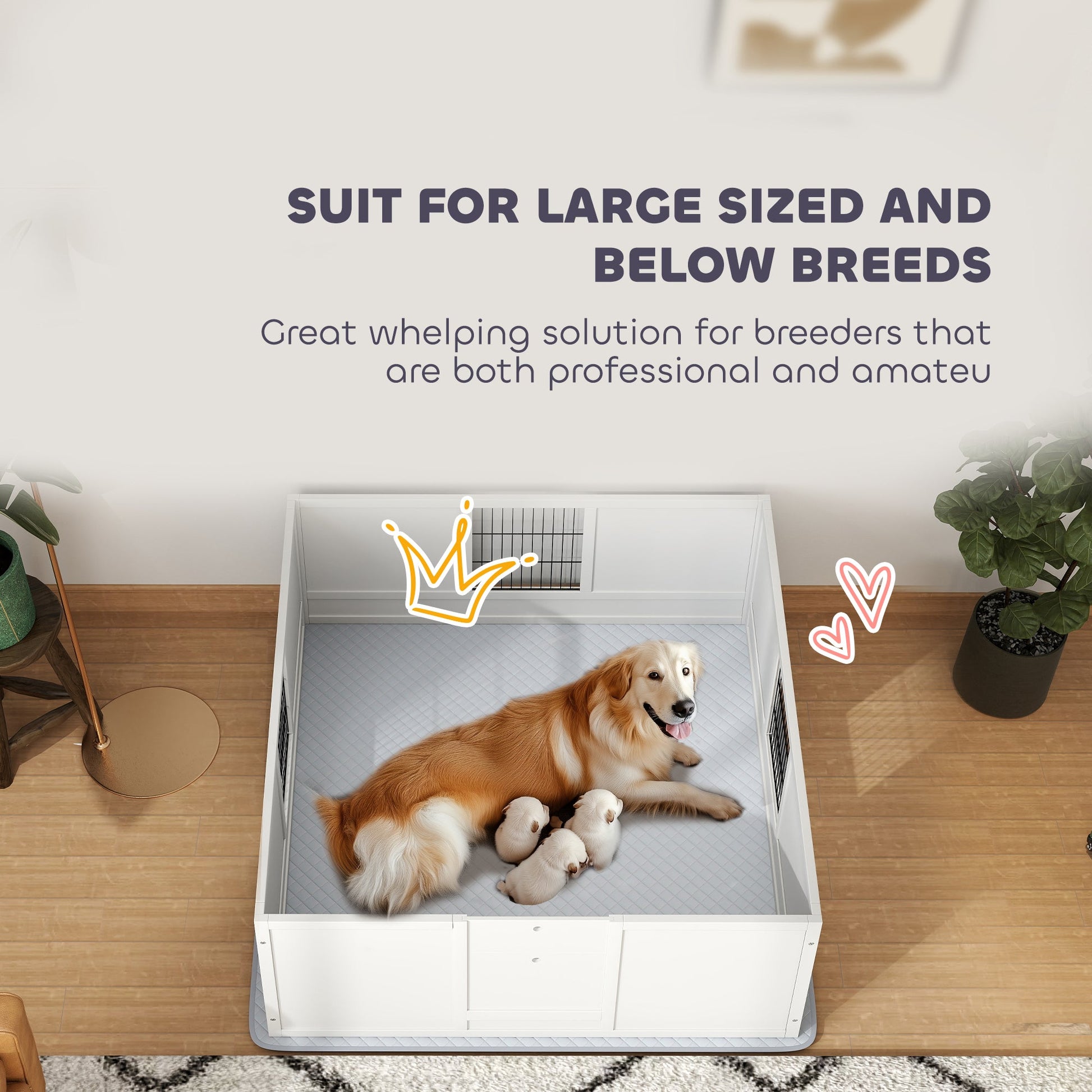 KFX-0301373 Large Dog Whelping Box with Washable Pee Pad and Adjustable Height Door, 49" x 47" x 19"