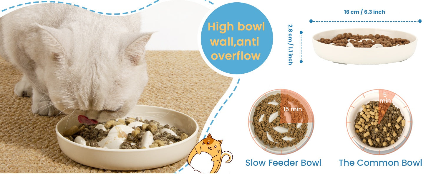 KFX-0301885 Cat Slow Feeding Bowl with Raised Edge, Non-Slip Base, and Easy-Clean Design