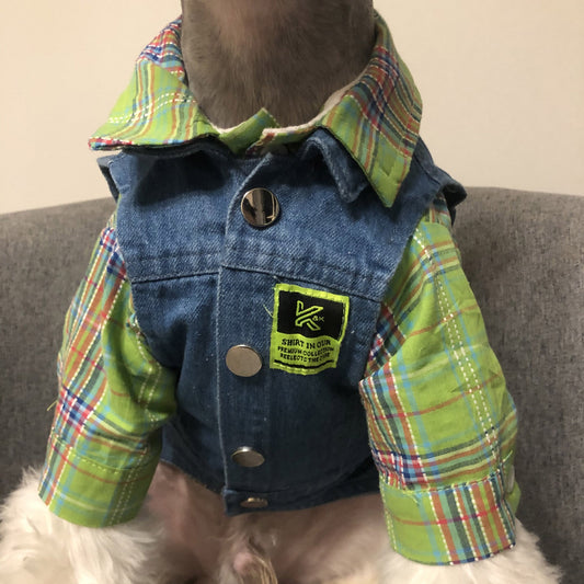 KFX-0306237 Light Blue Denim Vest & Green Plaid Shirt Set for Small to Medium Dogs and Cats