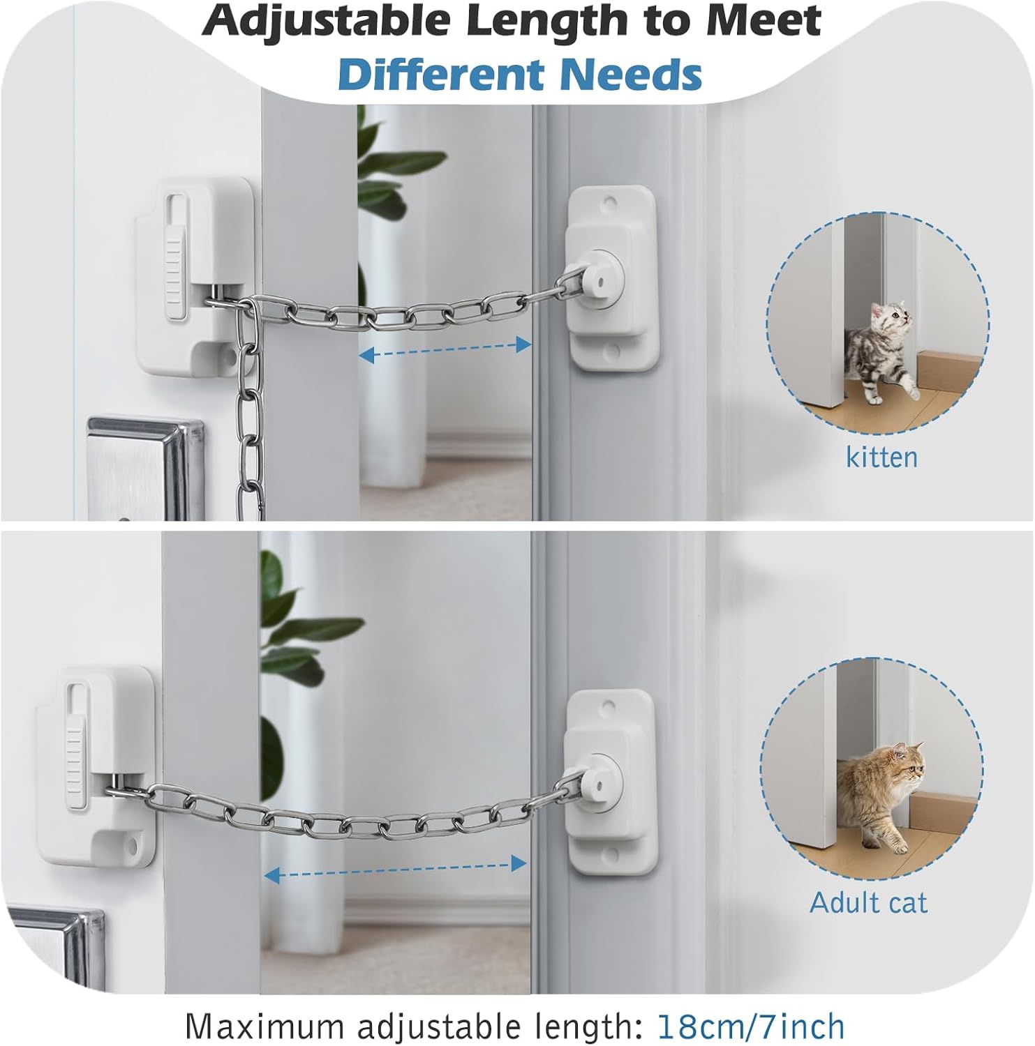 KFX-0308925 Adjustable Cat Door Latch with Door Stopper – Pet Safe Foam Guard for Cats, Child & Dog Proof, Easy Install