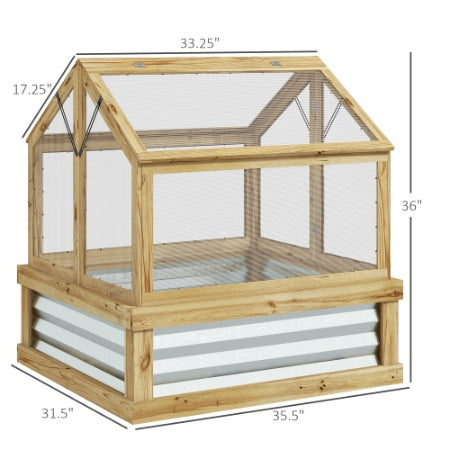 KFX-0320829 Wooden Raised Garden Bed with Polycarbonate Greenhouse, 35.5" x 31.5" x 36", Natural Finish