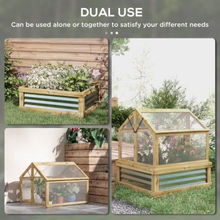 KFX-0320829 Wooden Raised Garden Bed with Polycarbonate Greenhouse, 35.5" x 31.5" x 36", Natural Finish