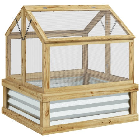 KFX-0320829 Wooden Raised Garden Bed with Polycarbonate Greenhouse, 35.5" x 31.5" x 36", Natural Finish