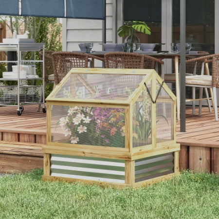 KFX-0320829 Wooden Raised Garden Bed with Polycarbonate Greenhouse, 35.5" x 31.5" x 36", Natural Finish