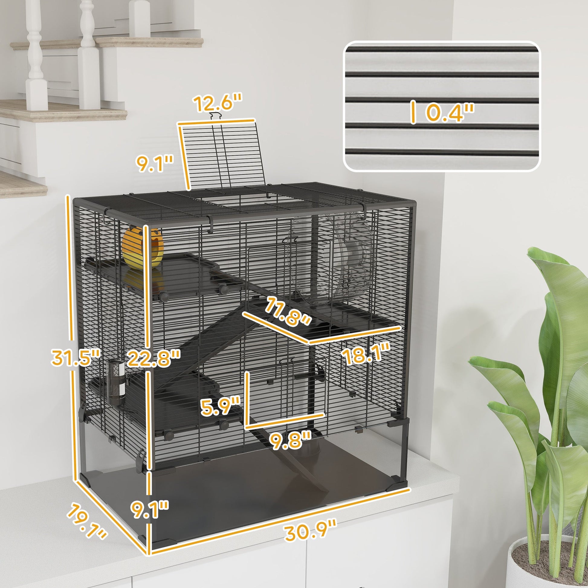 KFX-0326589 4-Tier Hamster Cage with Tempered Glass Bottom, Running Wheel, Hut, Water Bottle, and Food Dish 31" x 19" x 31.5"