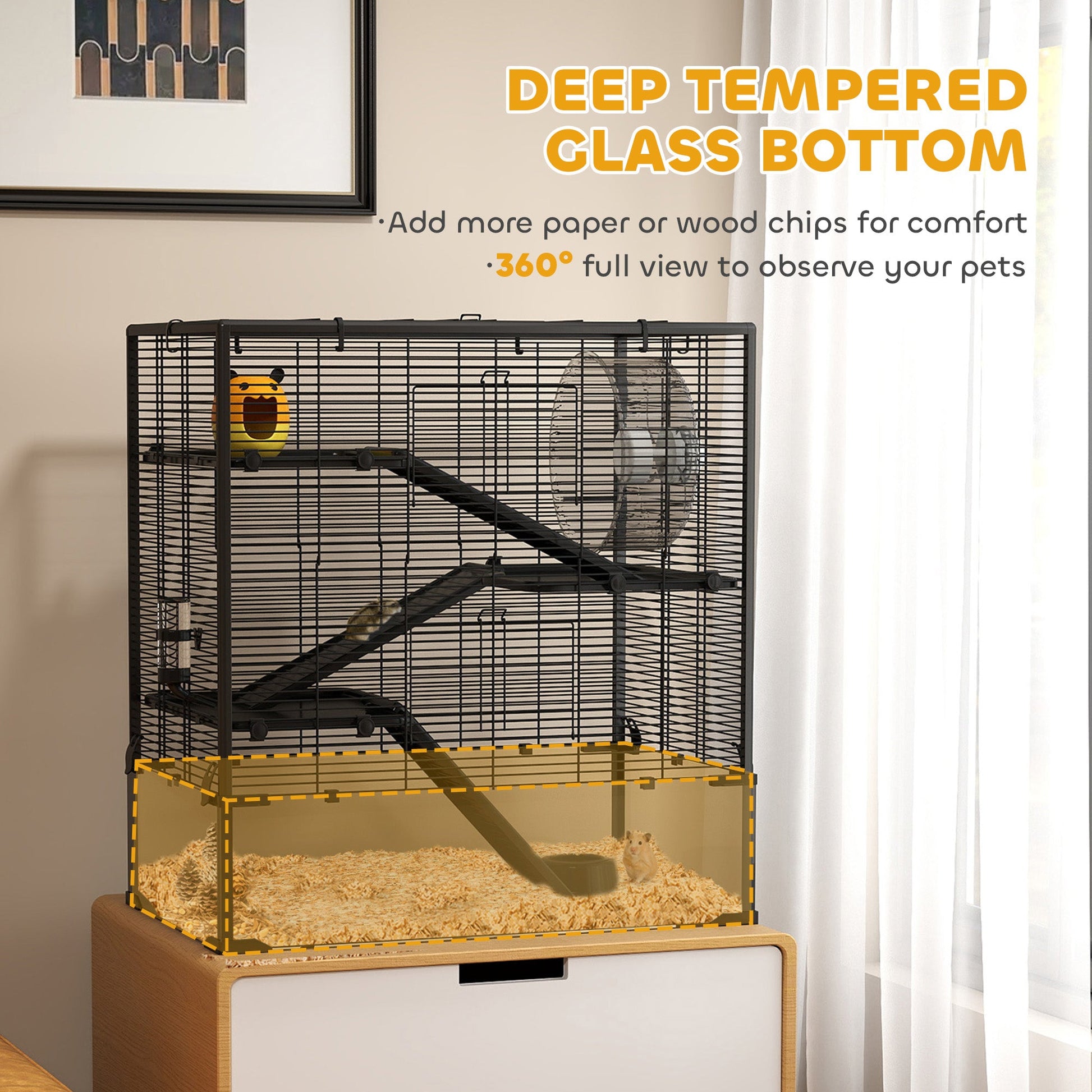 KFX-0326589 4-Tier Hamster Cage with Tempered Glass Bottom, Running Wheel, Hut, Water Bottle, and Food Dish 31" x 19" x 31.5"
