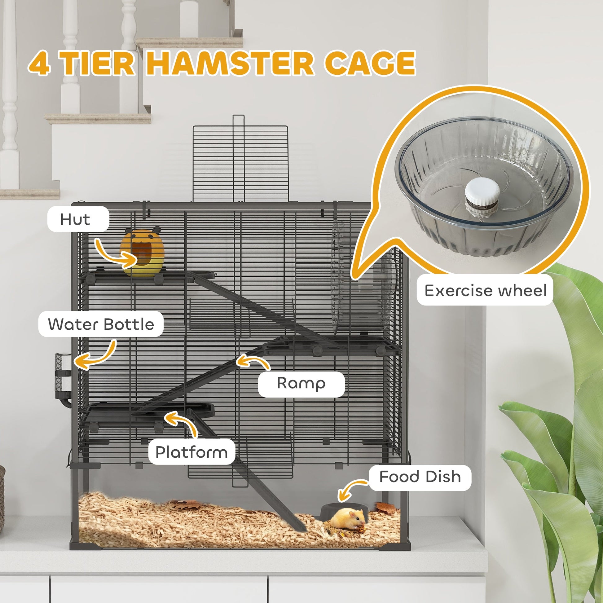 KFX-0326589 4-Tier Hamster Cage with Tempered Glass Bottom, Running Wheel, Hut, Water Bottle, and Food Dish 31" x 19" x 31.5"