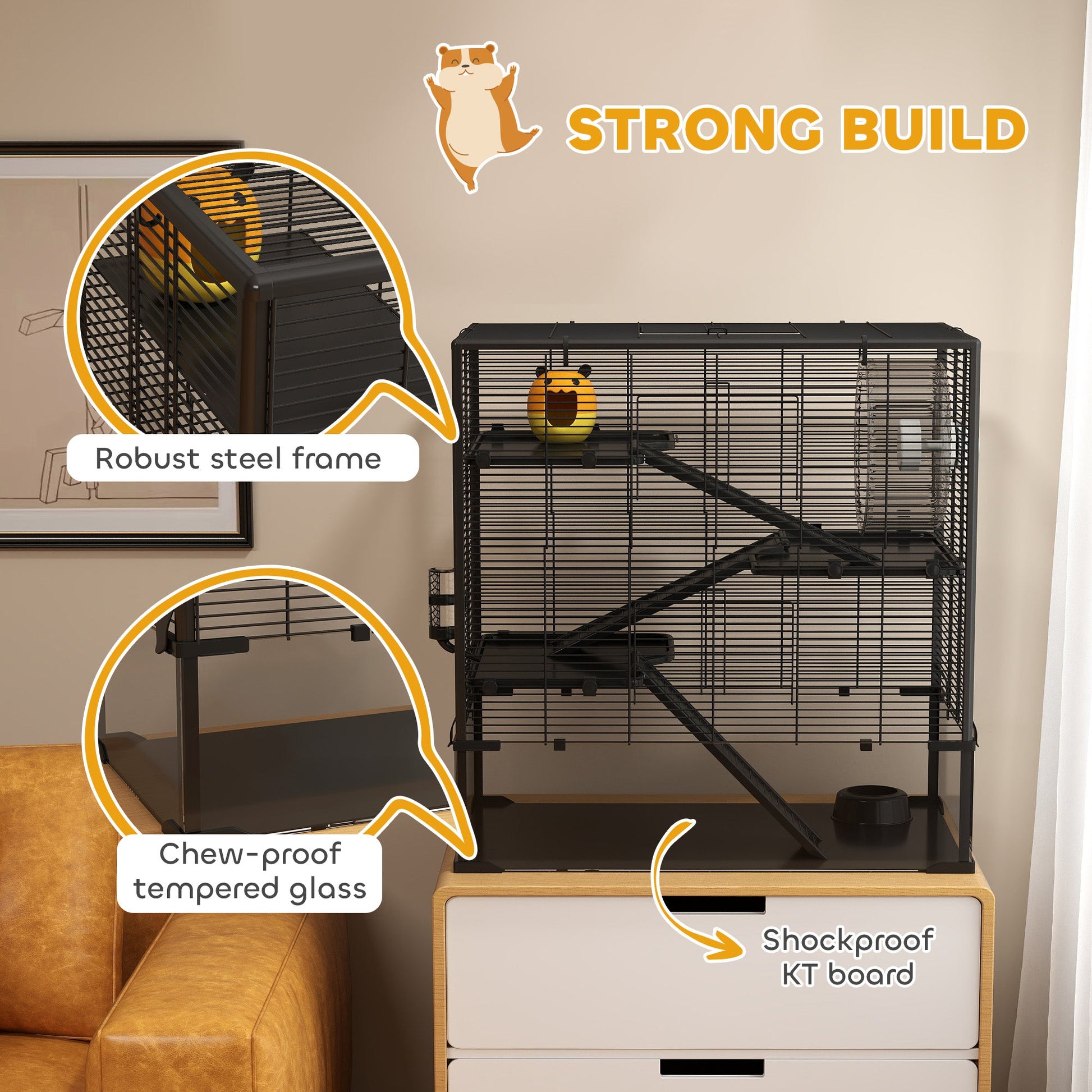 KFX-0326589 4-Tier Hamster Cage with Tempered Glass Bottom, Running Wheel, Hut, Water Bottle, and Food Dish 31" x 19" x 31.5"