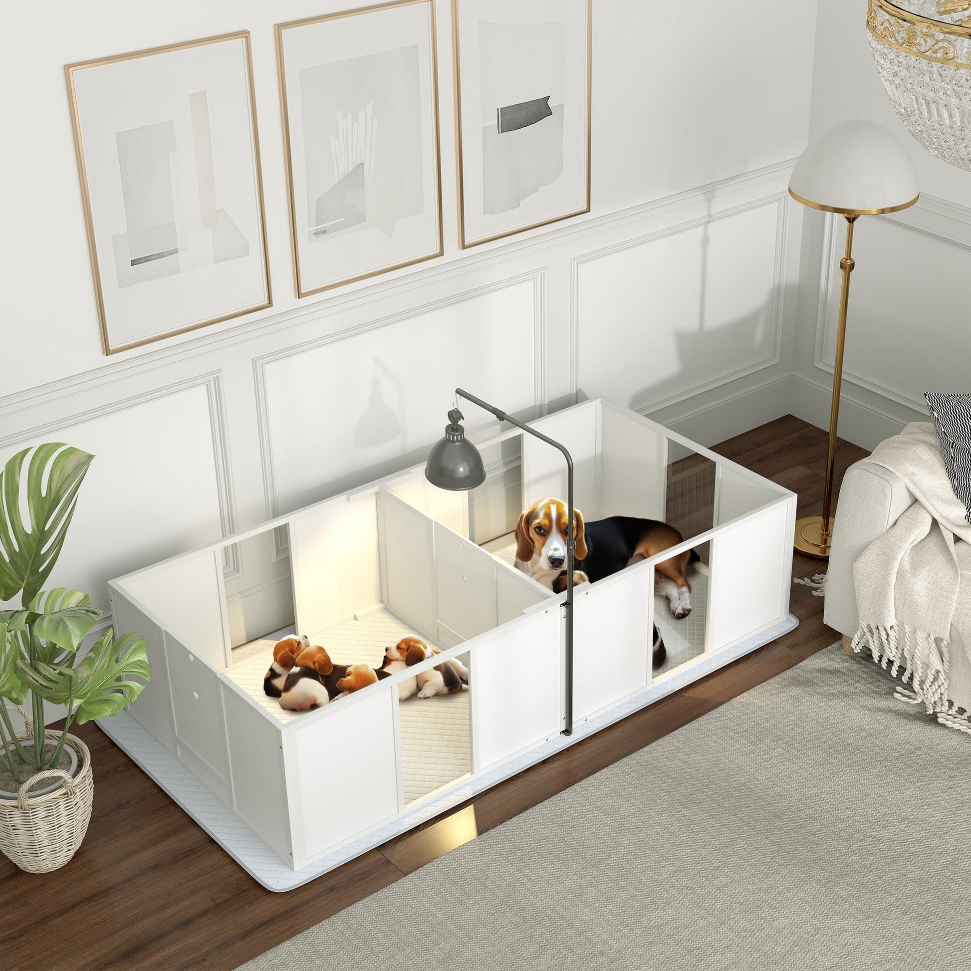 KFX-0334141 Whelping Box for Medium Dogs with Adjustable Height Door, Waterproof Pee Pad, and Retractable Light Stand