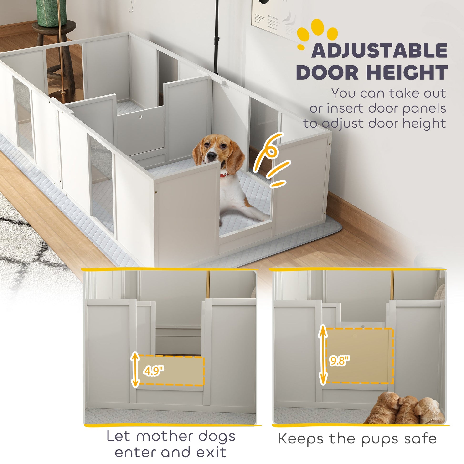 KFX-0334141 Whelping Box for Medium Dogs with Adjustable Height Door, Waterproof Pee Pad, and Retractable Light Stand