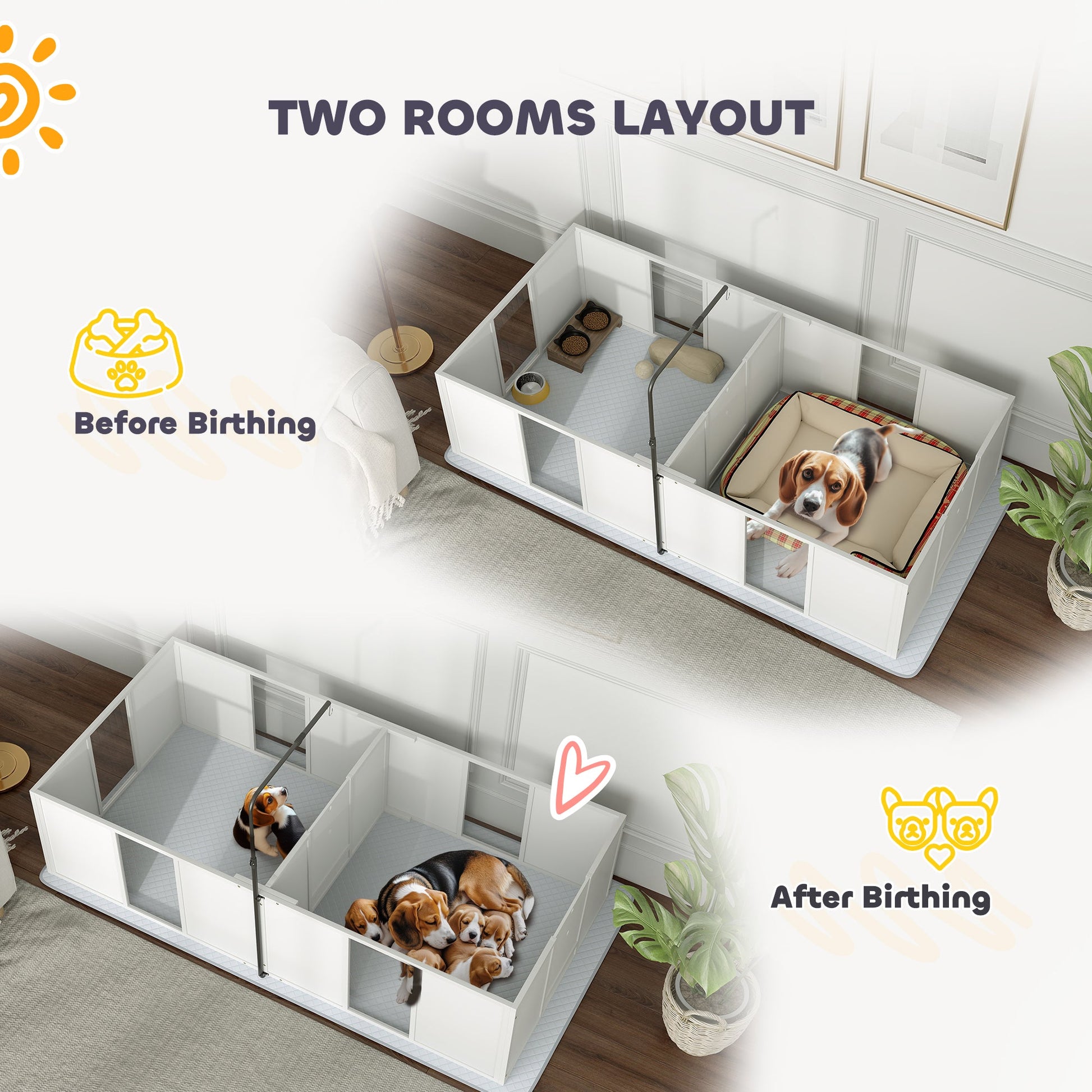 KFX-0334141 Whelping Box for Medium Dogs with Adjustable Height Door, Waterproof Pee Pad, and Retractable Light Stand