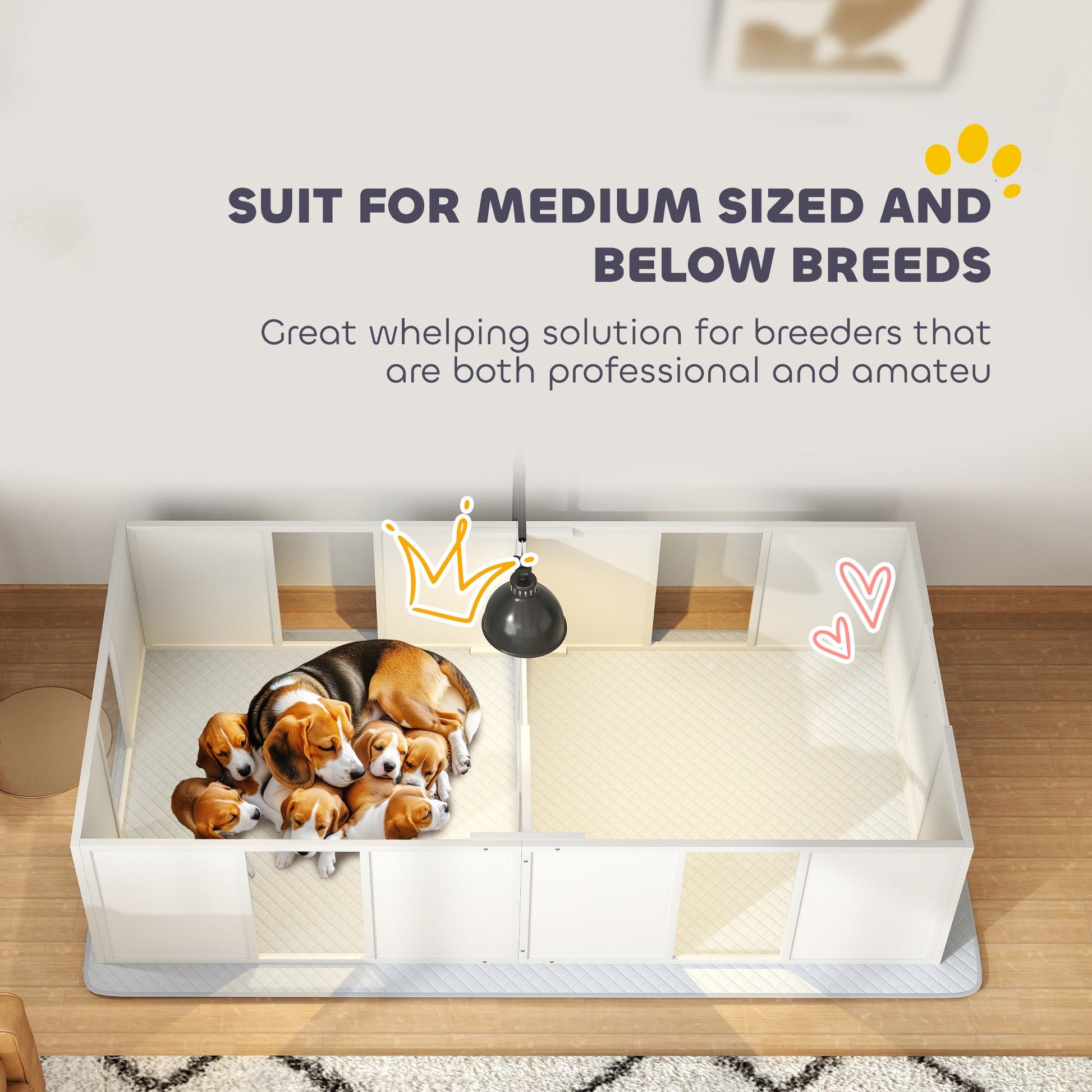 KFX-0334141 Whelping Box for Medium Dogs with Adjustable Height Door, Waterproof Pee Pad, and Retractable Light Stand