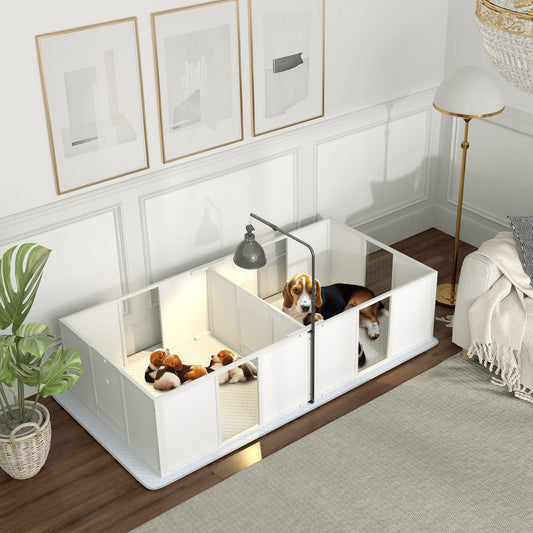 KFX-0334141 Whelping Box for Medium Dogs with Adjustable Height Door, Waterproof Pee Pad, and Retractable Light Stand