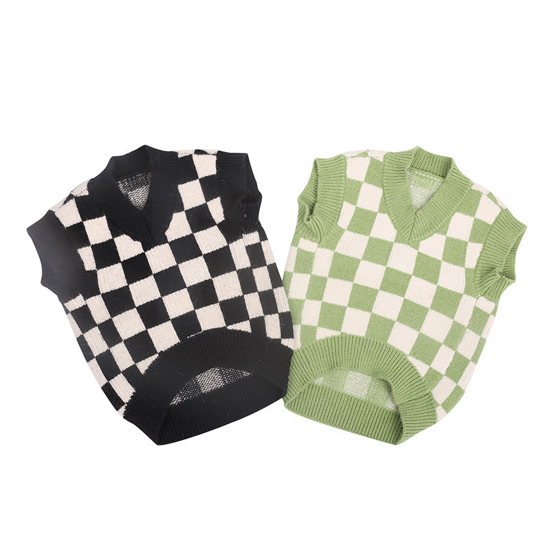 KFX-0336445 Checkerboard Pattern Knitted Pet Sweater Vest for Autumn and Winter