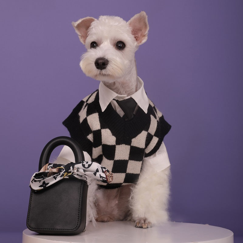 KFX-0336445 Checkerboard Pattern Knitted Pet Sweater Vest for Autumn and Winter