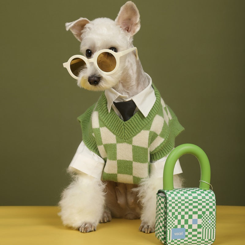 KFX-0336445 Checkerboard Pattern Knitted Pet Sweater Vest for Autumn and Winter