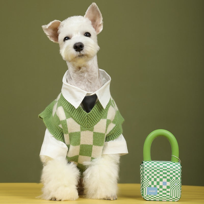 KFX-0336445 Checkerboard Pattern Knitted Pet Sweater Vest for Autumn and Winter
