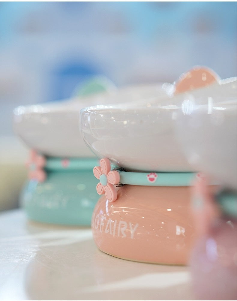 KFX-0338621 Ceramic Open Cat Food Bowl in Lotus Root Pink and Water Blue