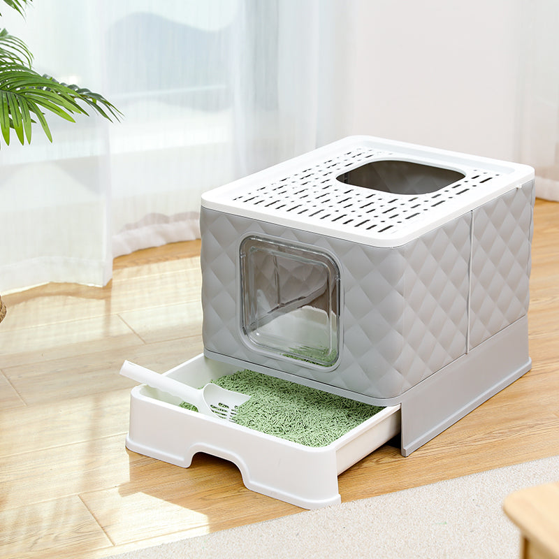 KFX-0340285 Removable and Washable Folding Cat Litter Basin - Drawer Type Magic Cube in Grey and Blue
