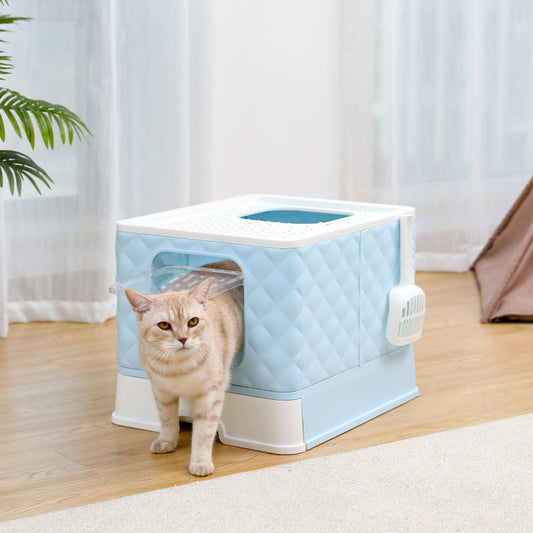 KFX-0340285 Removable and Washable Folding Cat Litter Basin - Drawer Type Magic Cube in Grey and Blue