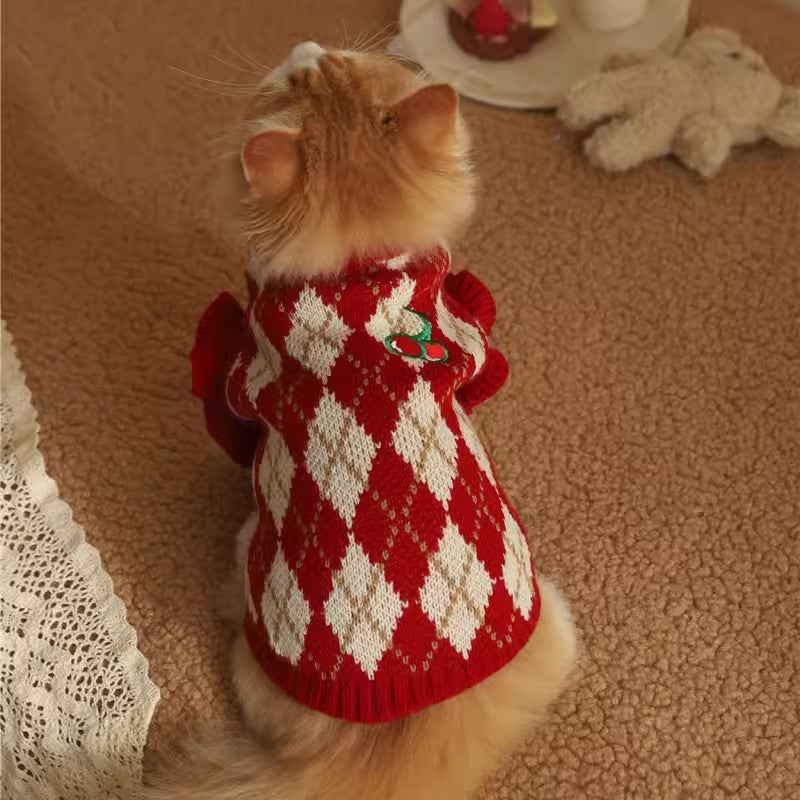 KFX-0342205 Cherry Sweater for Cats - Cute Rhombic Embroidery, Casual Style, Autumn & Winter Wear