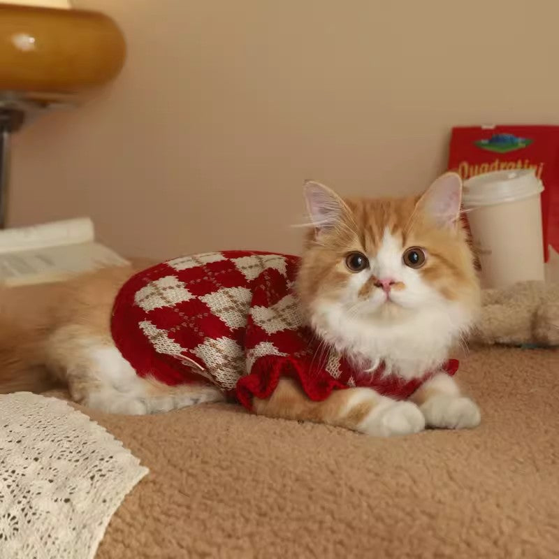 KFX-0342205 Cherry Sweater for Cats - Cute Rhombic Embroidery, Casual Style, Autumn & Winter Wear