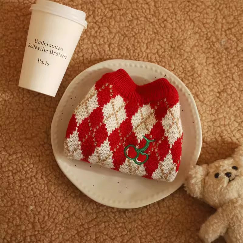 KFX-0342205 Cherry Sweater for Cats - Cute Rhombic Embroidery, Casual Style, Autumn & Winter Wear