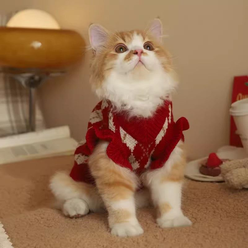 KFX-0342205 Cherry Sweater for Cats - Cute Rhombic Embroidery, Casual Style, Autumn & Winter Wear