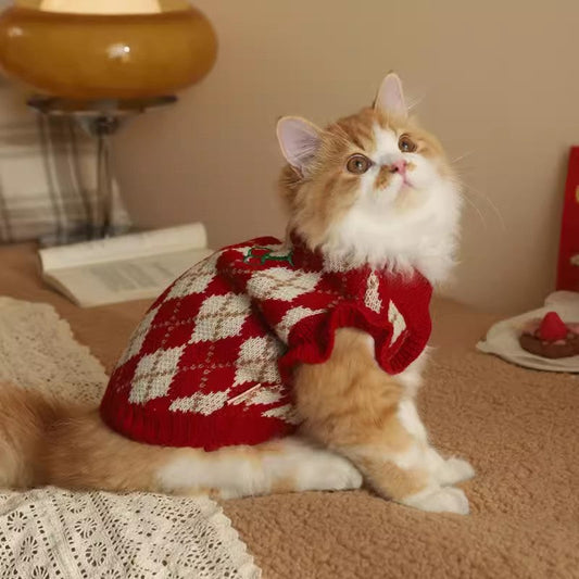 KFX-0342205 Cherry Sweater for Cats - Cute Rhombic Embroidery, Casual Style, Autumn & Winter Wear