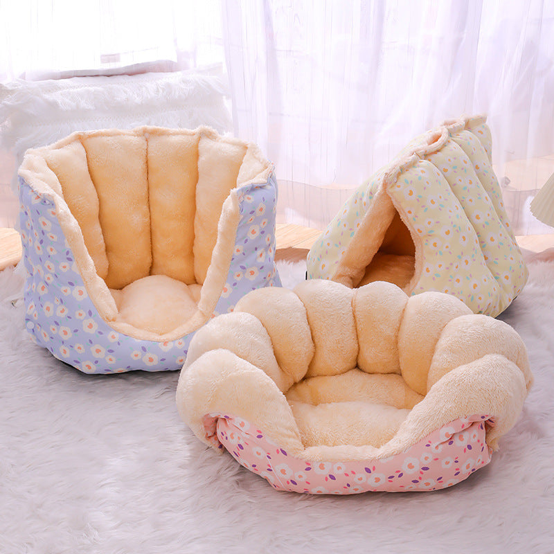 KFX-0342845 Cozy Thermal Sofa Bed for Small Pets - Pink, Blue, Yellow Floral Design