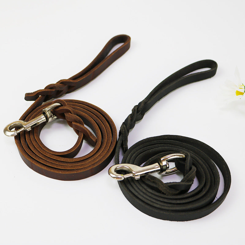 KFX-0343997 Thickened Leather Dog Walking Rope for Medium to Large Breeds, Light Brown and Black