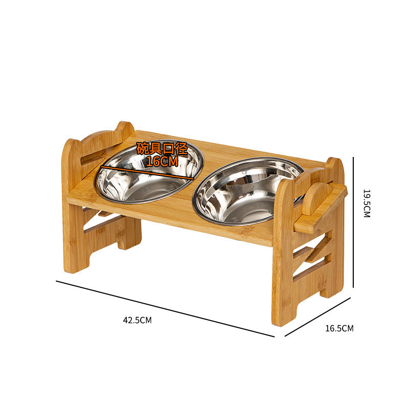 KFX-0344381 Stainless Steel Double Cat Food Bowl with Wooden Bracket Dining Trolley