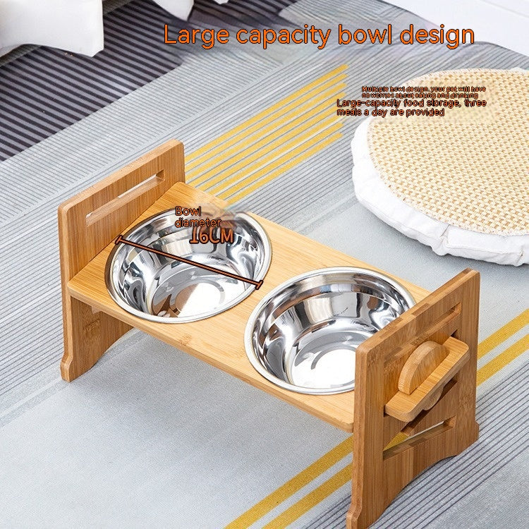 KFX-0344381 Stainless Steel Double Cat Food Bowl with Wooden Bracket Dining Trolley