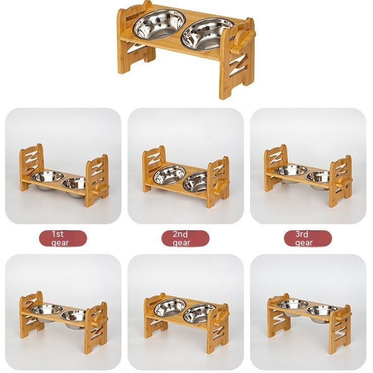 KFX-0344381 Stainless Steel Double Cat Food Bowl with Wooden Bracket Dining Trolley