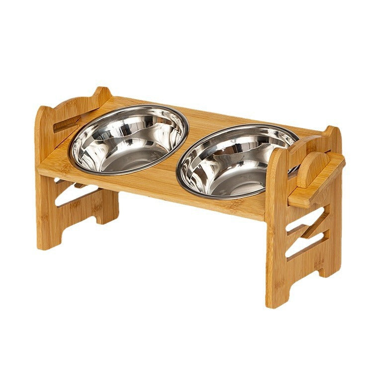 KFX-0344381 Stainless Steel Double Cat Food Bowl with Wooden Bracket Dining Trolley