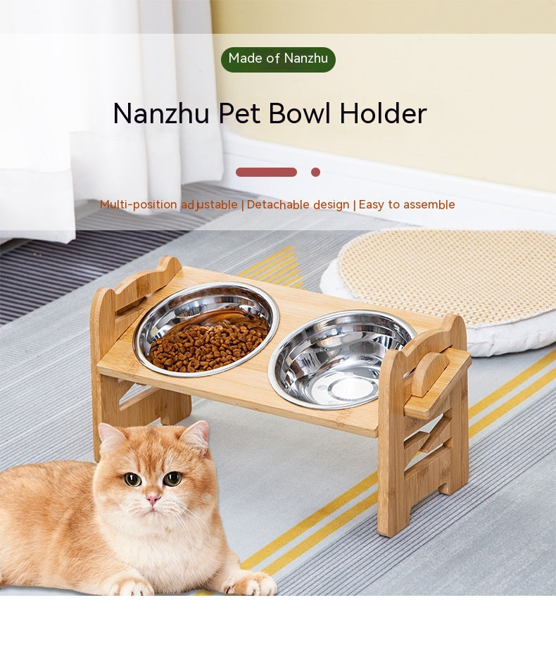 KFX-0344381 Stainless Steel Double Cat Food Bowl with Wooden Bracket Dining Trolley